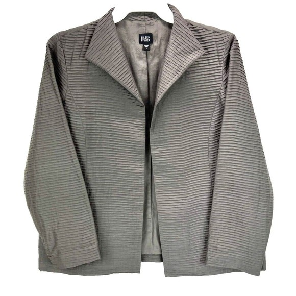 Eileen Fisher Jackets & Blazers - Eileen Fisher 100% Silk Open Front Gray Textured Jacket LARGE 3/4 Sleeve Pockets